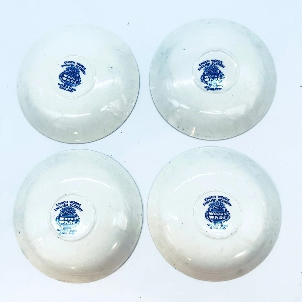 Vintage Wood & Sons English Scenery Blue White Saucers Set of 4 Transferware